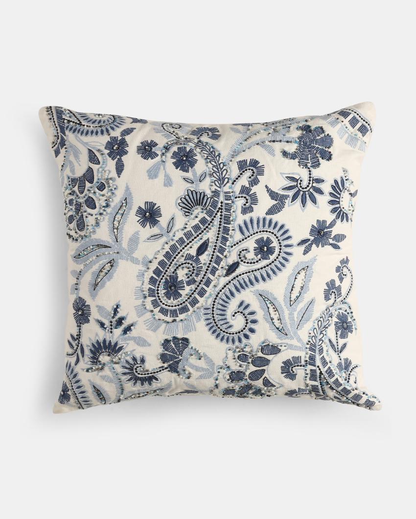 Blue Premium Embroidered & Embellished Cushion Cover | 18 x 18 inches Paisley