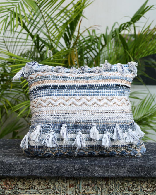 Tufted Off White And Blue Cushion Cover With Tassels | 18 x 18 inches