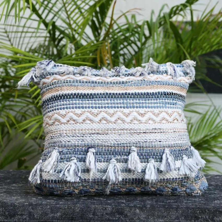 Tufted Off White And Blue Cushion Cover With Tassels | 18 x 18 inches