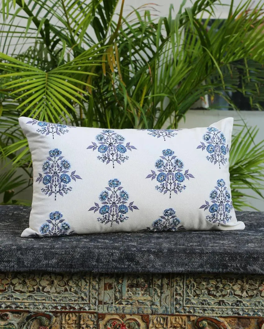 Blue Embroidered & Embellished Pillow Style Cushion Cover | 12 x 20 inches Embroidered