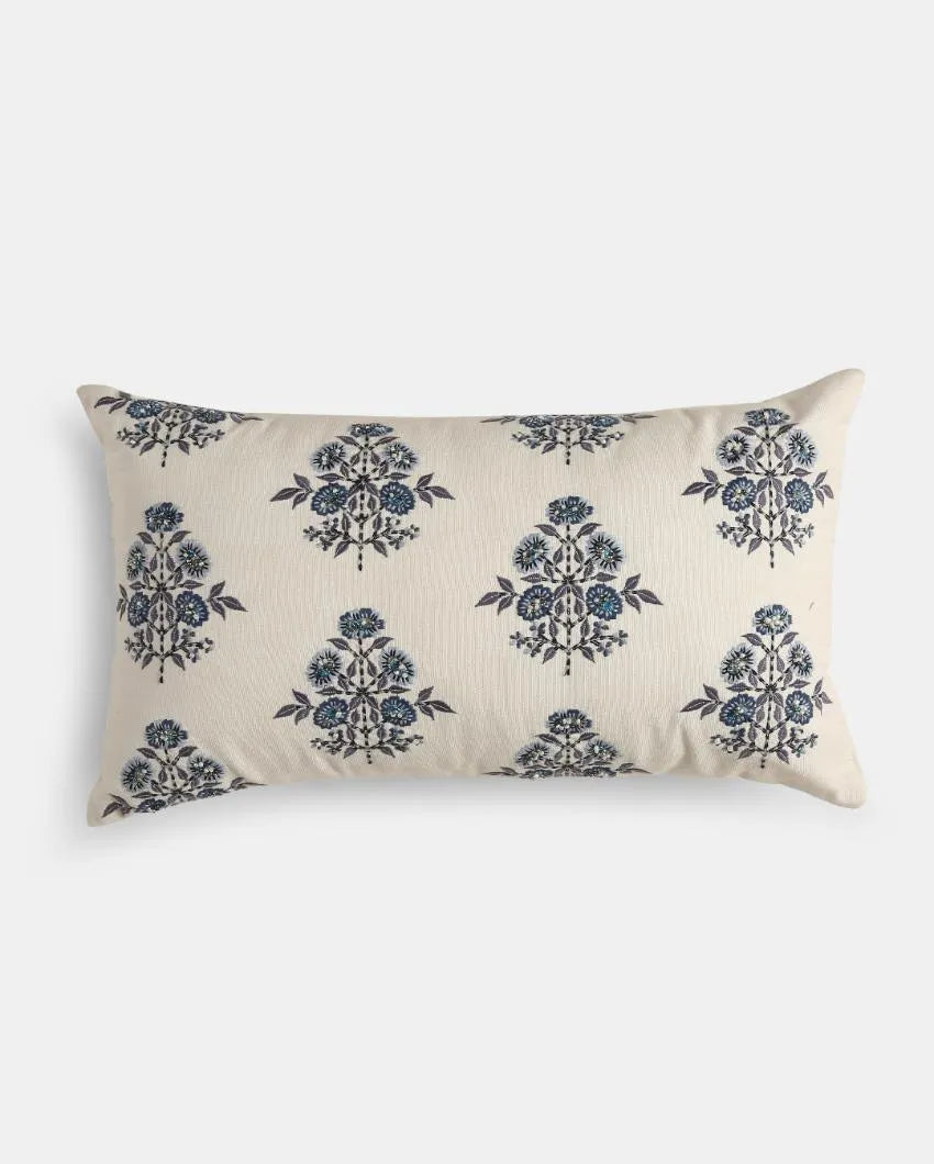 Blue Embroidered & Embellished Pillow Style Cushion Cover | 12 x 20 inches Embroidered