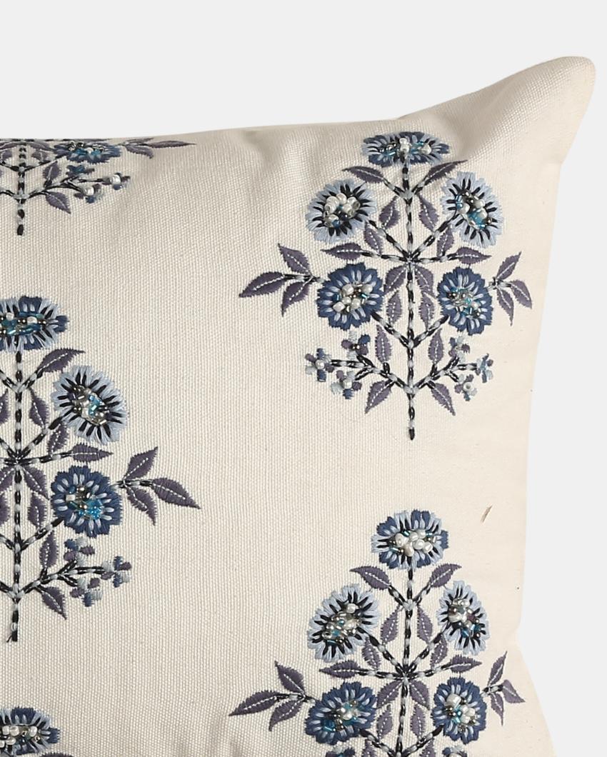 Blue Embroidered & Embellished Pillow Style Cushion Cover | 12 x 20 inches Embroidered