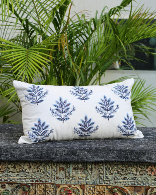Blue Embroidered & Embellished Pillow Style Cushion Cover | 12 x 20 inches Flower Design