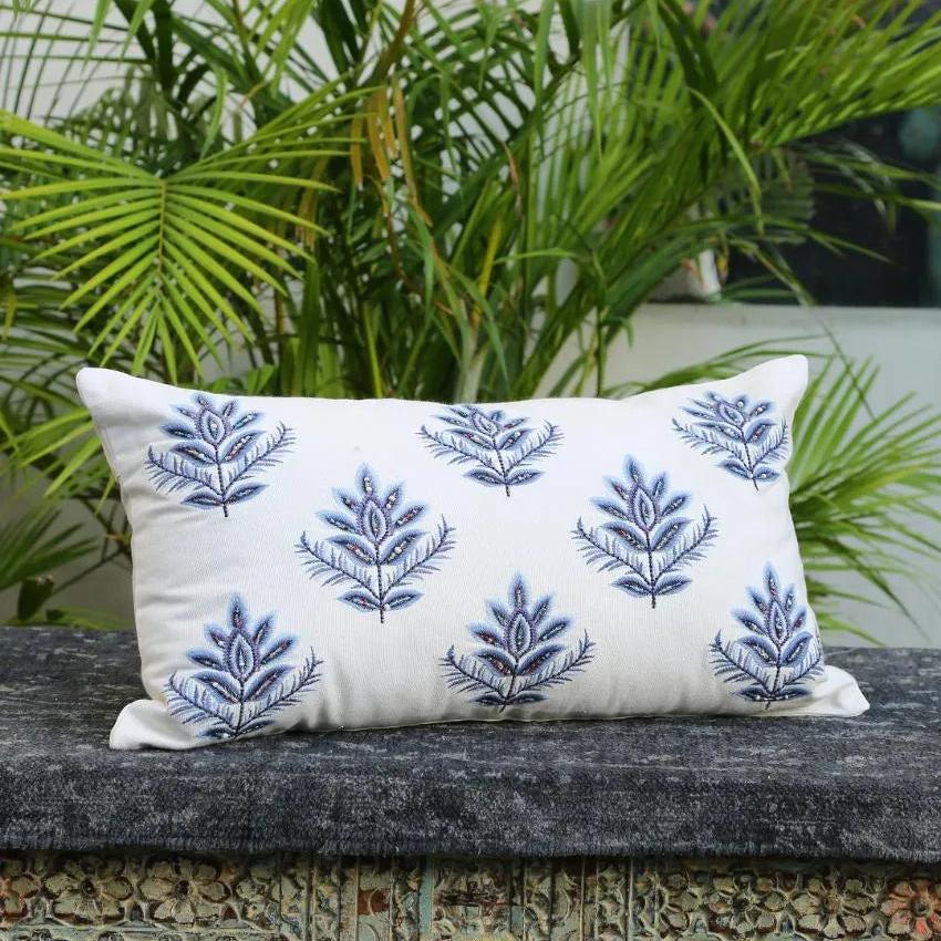 Blue Embroidered & Embellished Pillow Style Cushion Cover | 12 x 20 inches Flower Design