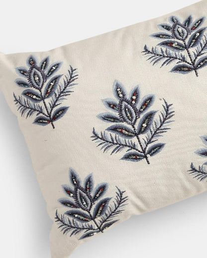 Blue Embroidered & Embellished Pillow Style Cushion Cover | 12 x 20 inches Flower Design