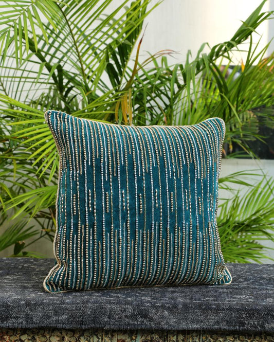 Teal Green Beaded Cushion Cover | 16 x 16 inches
