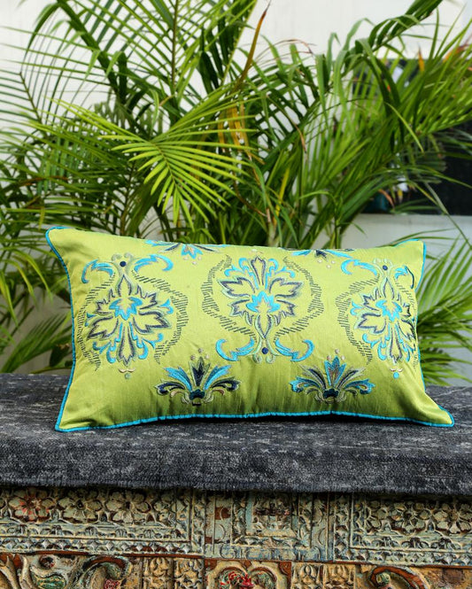 Green Embroidered Cushion Cover | 12 x 20 inches