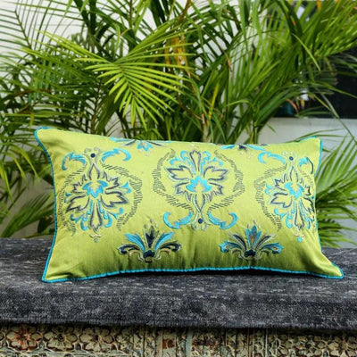 Green Embroidered Cushion Cover | 12 x 20 inches