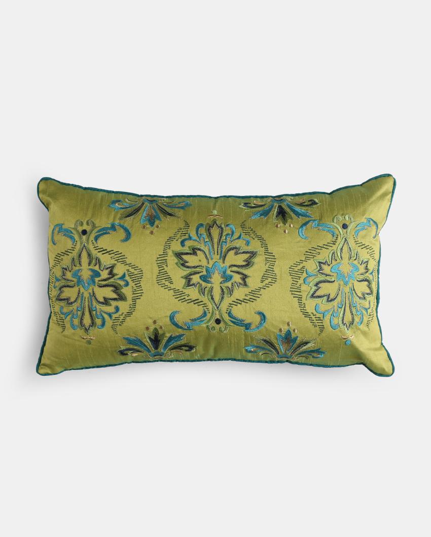 Green Embroidered Cushion Cover | 12 x 20 inches