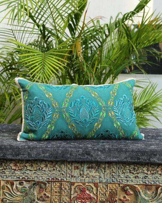 Teal Green Embroidered Cushion Cover | 12 x 20 inches
