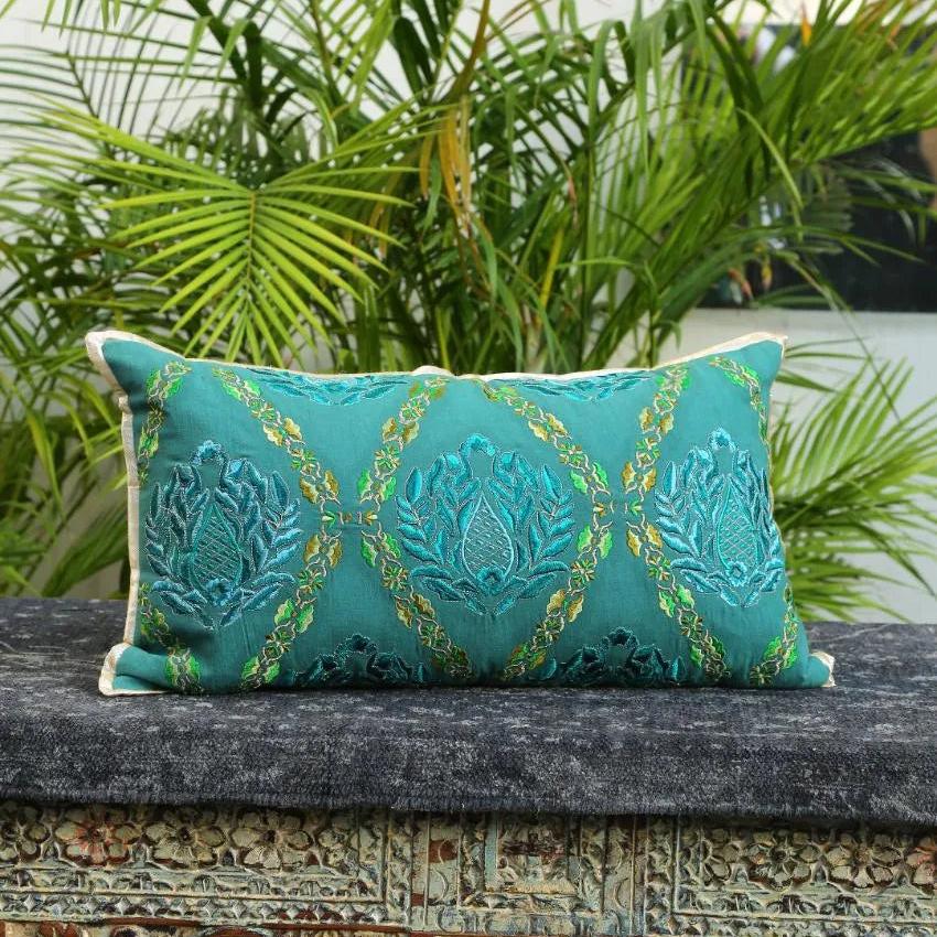 Teal Green Embroidered Cushion Cover | 12 x 20 inches