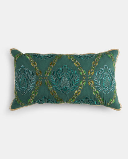 Teal Green Embroidered Cushion Cover | 12 x 20 inches