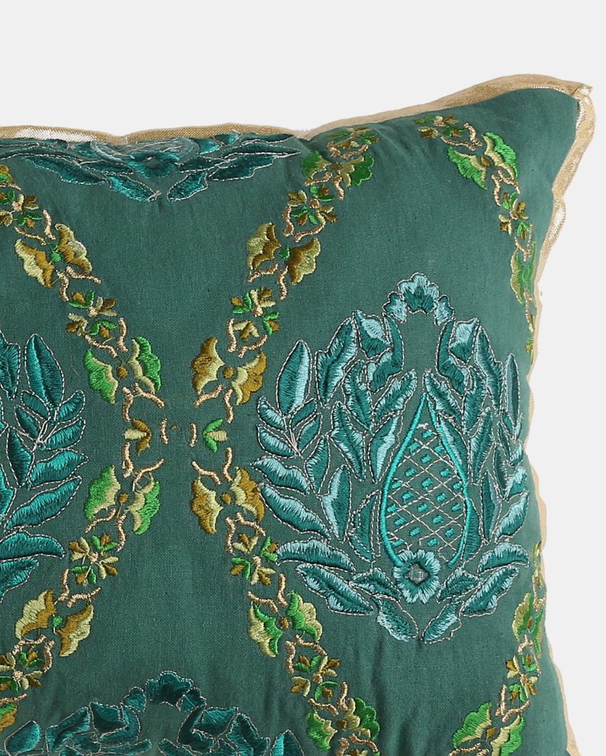 Teal Green Embroidered Cushion Cover | 12 x 20 inches