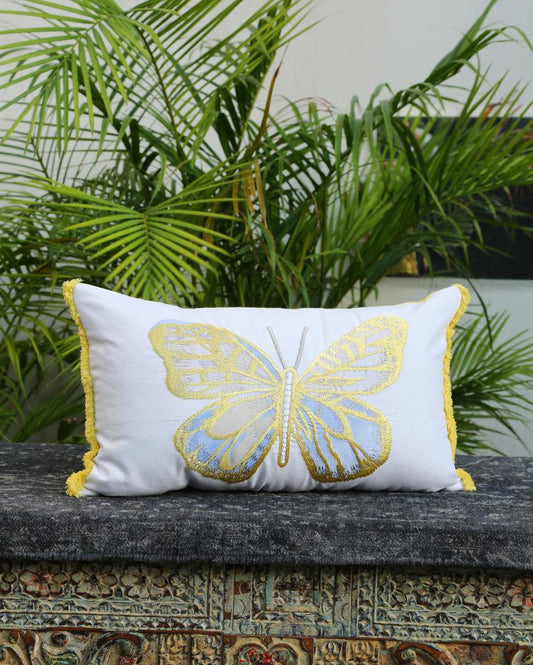 Embroidery Butterfly Applique White Cushion Cover  | 12 x 20 inches