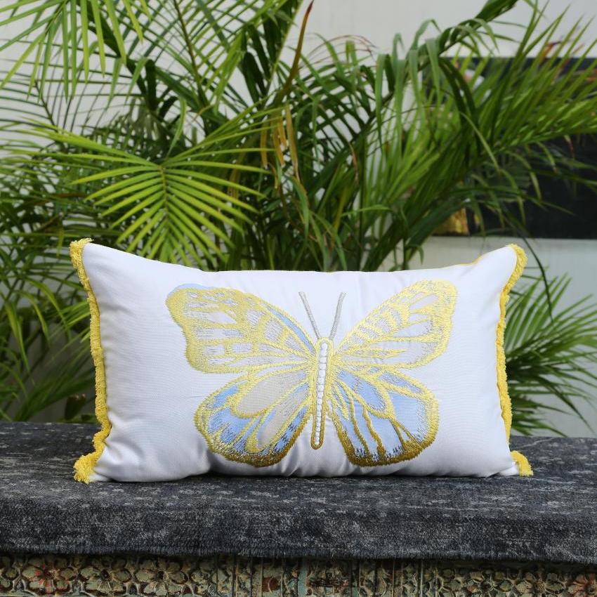 Embroidery Butterfly Applique White Cushion Cover  | 12 x 20 inches