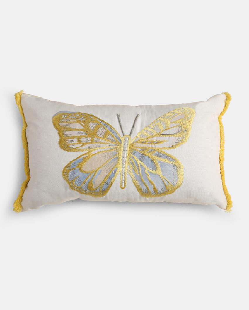 Embroidery Butterfly Applique White Cushion Cover  | 12 x 20 inches