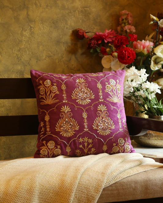 Mogul Design Violet Embellished Velvet Cushion Cover  | 18 x 18 inches