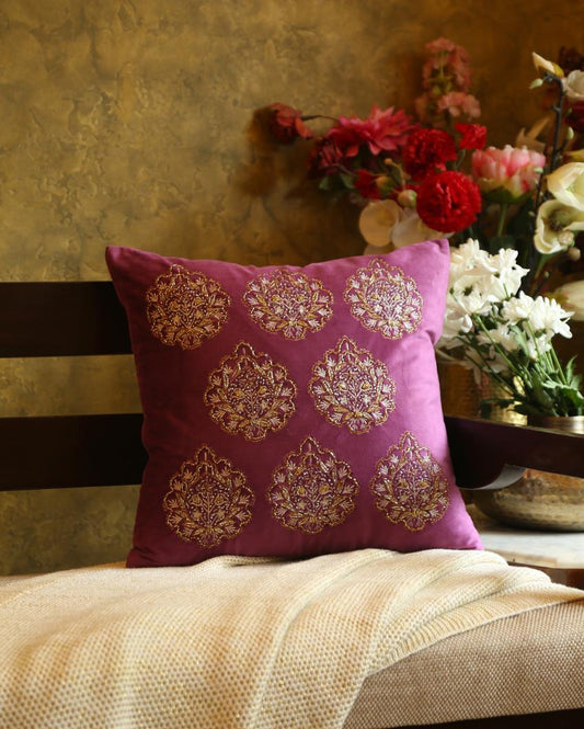 Violet Flower Desgin Embellished Velvet Cushion Cover  | 18 x 18 inches