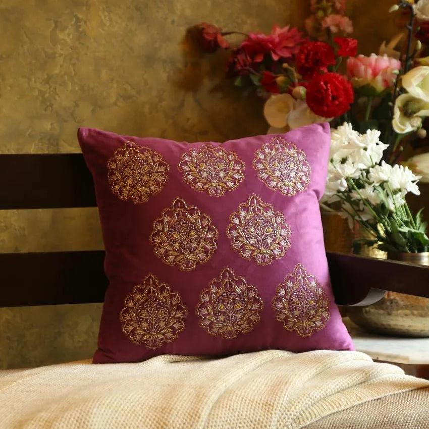 Violet Flower Desgin Embellished Velvet Cushion Cover  | 18 x 18 inches