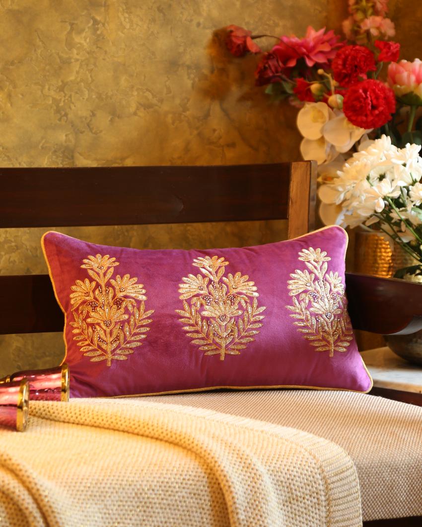 Mogul Flower Desgin Violet Embellished Velvet Cushion Cover | 12 x 20 inches