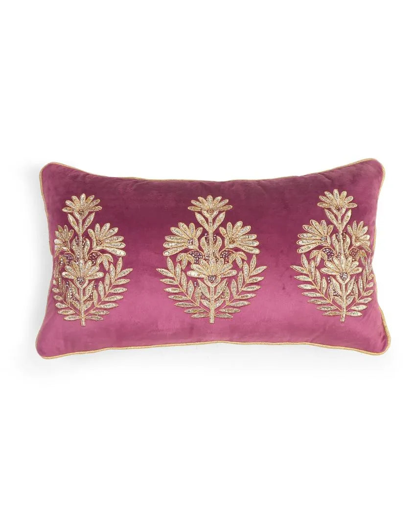 Mogul Flower Desgin Violet Embellished Velvet Cushion Cover | 12 x 20 inches