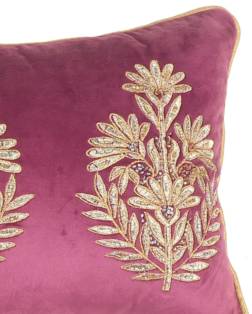 Mogul Flower Desgin Violet Embellished Velvet Cushion Cover | 12 x 20 inches