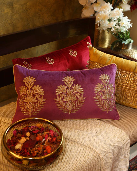 Mogul Flower Desgin Violet Embellished Velvet Cushion Cover | 12 x 20 inches
