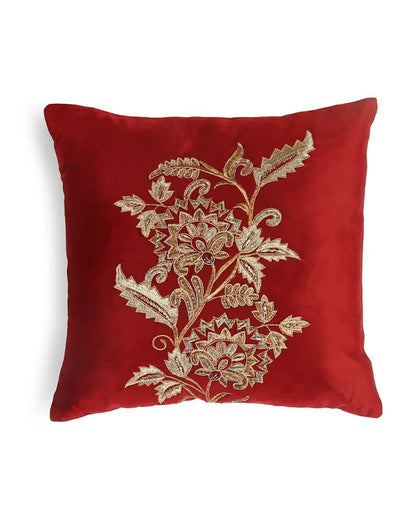 Burgundy Flower Design Embellished Velvet Cushion Cover  | 18 x 18 inches Style 1