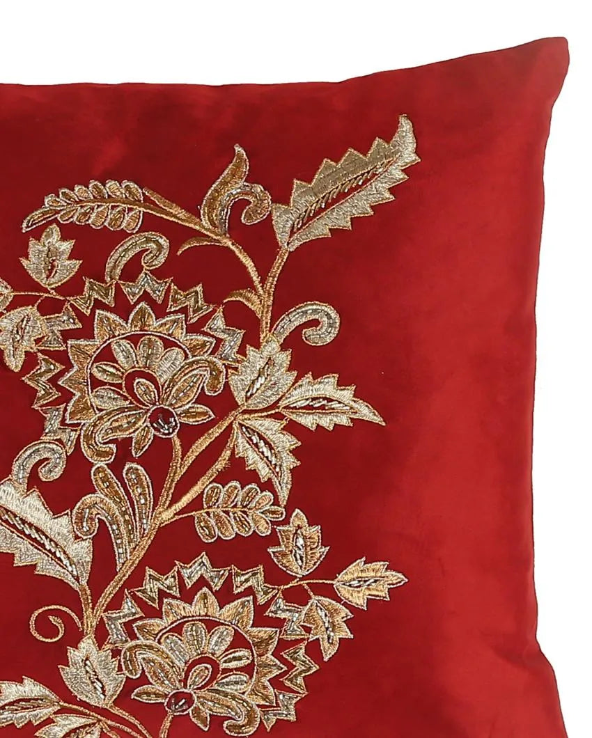 Burgundy Flower Design Embellished Velvet Cushion Cover  | 18 x 18 inches Style 1