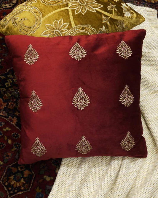 Burgundy Flower Design Embellished Velvet Cushion Cover  | 18 x 18 inches Style 2