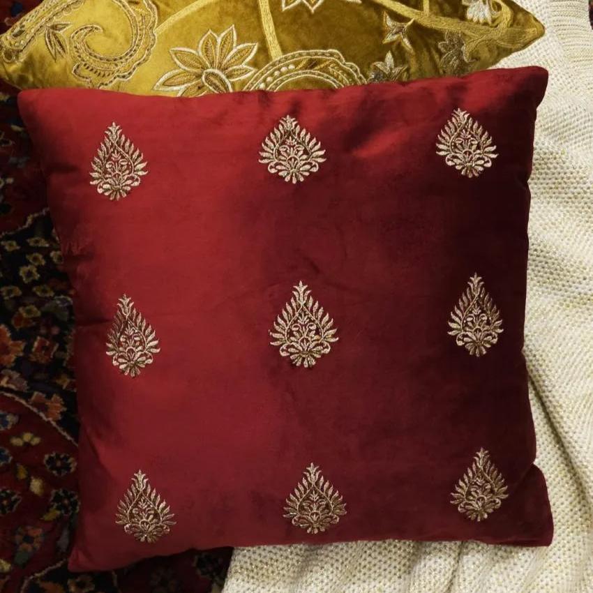 Burgundy Flower Design Embellished Velvet Cushion Cover  | 18 x 18 inches Style 2