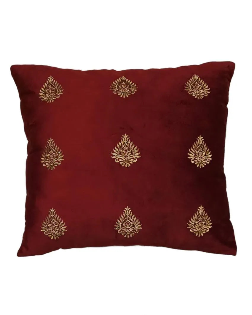 Burgundy Flower Design Embellished Velvet Cushion Cover  | 18 x 18 inches Style 2