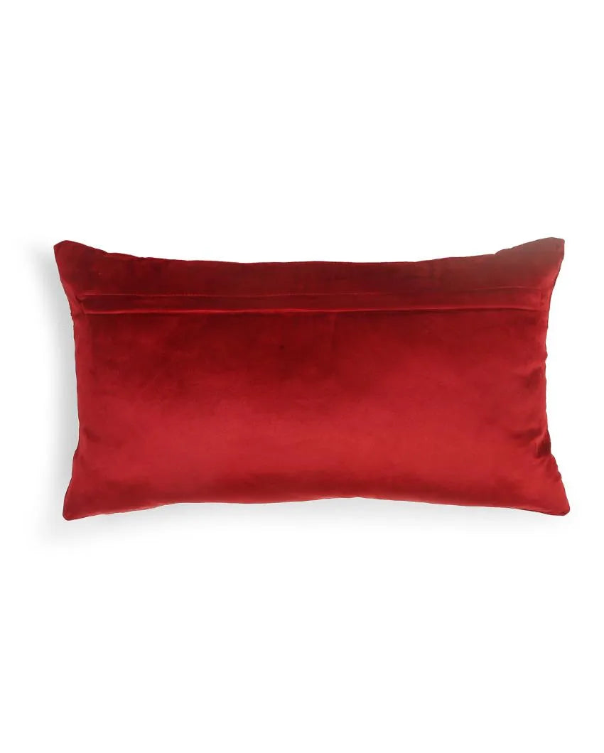 Burgundy Embroidered Velvet Rectangle Cushion Cover  | 12 x 20 inches Flower