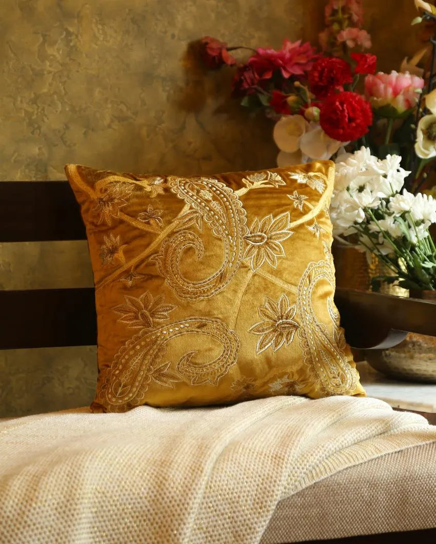 Mustard Design Embroidered Velvet Cushion Cover  | 18 x 18 inches Paisley