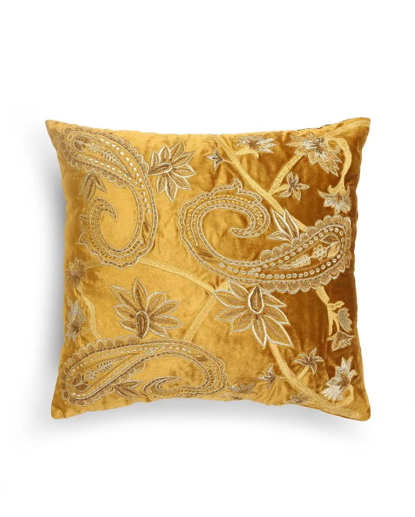 Mustard Design Embroidered Velvet Cushion Cover  | 18 x 18 inches Paisley