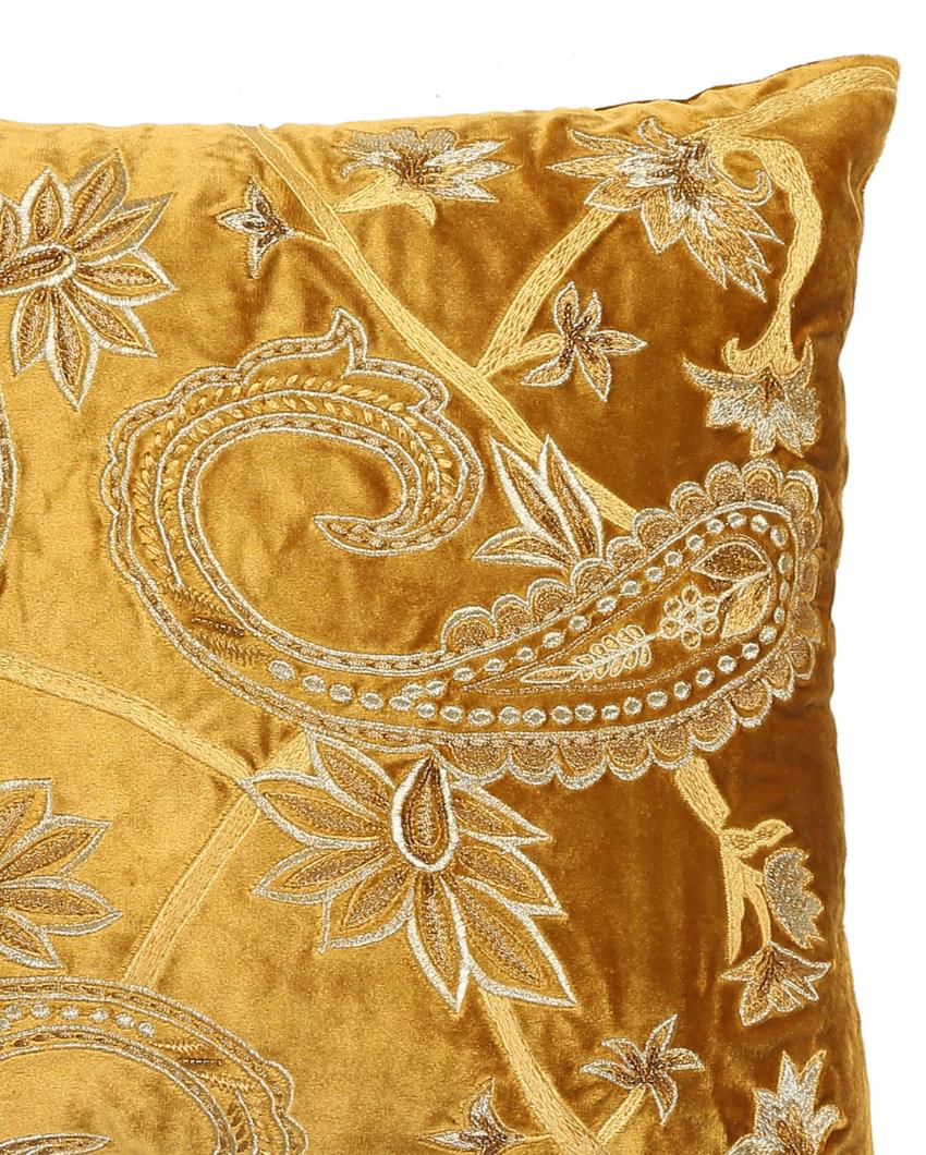 Mustard Design Embroidered Velvet Cushion Cover  | 18 x 18 inches Paisley