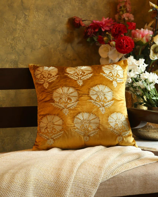 Mustard Design Embroidered Velvet Cushion Cover  | 18 x 18 inches Flower