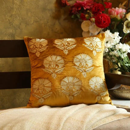 Mustard Design Embroidered Velvet Cushion Cover  | 18 x 18 inches Flower