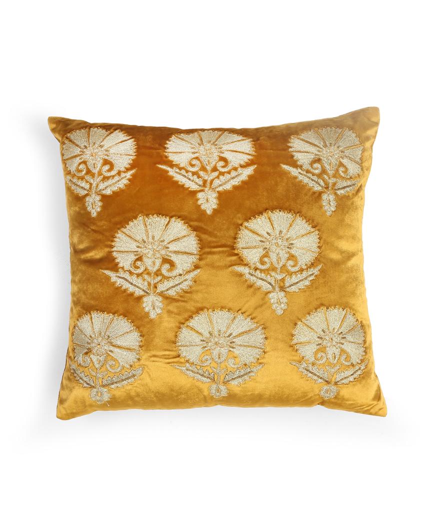 Mustard Design Embroidered Velvet Cushion Cover  | 18 x 18 inches Flower