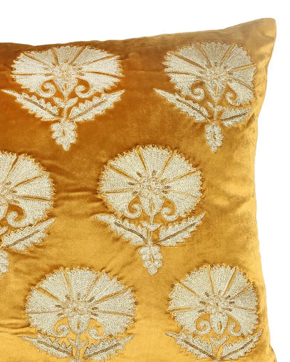 Mustard Design Embroidered Velvet Cushion Cover  | 18 x 18 inches Flower