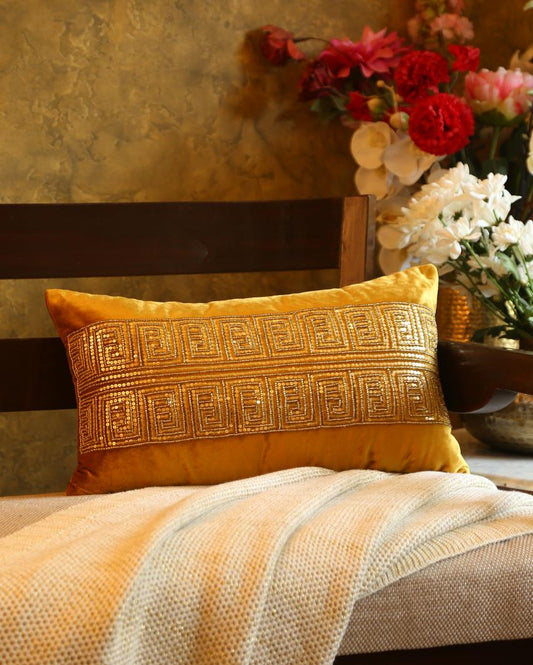 Mustard Embellished Pillow Style Cushion Cover | 12 x 20 inches