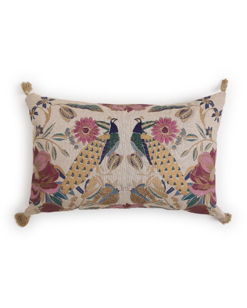 Printed Peacock Design Cotton Cushion Cover | 16 x 23 inches