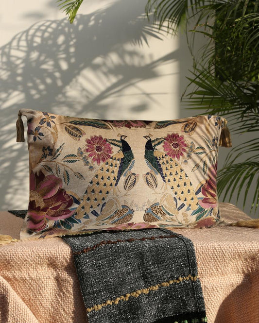 Printed Peacock Design Cotton Cushion Cover | 16 x 23 inches