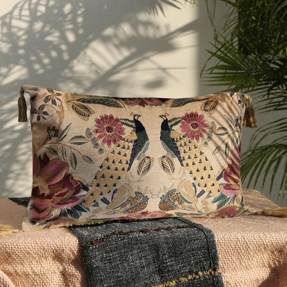 Printed Peacock Design Cotton Cushion Cover | 16 x 23 inches