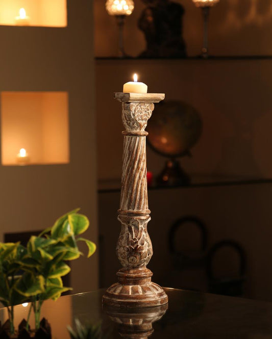 Hand White Wash Finish Carved Candle Holder