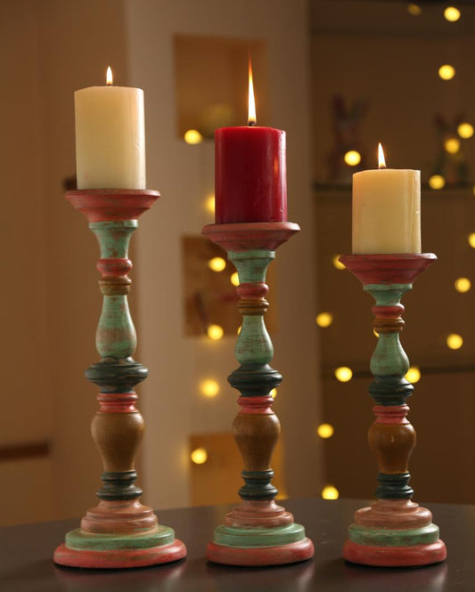 Distress Finish Hand Crafted Wooden Candle Holders | Set Of 3