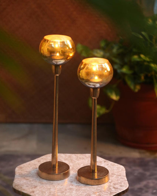 Antique Gold Glass Tealight Holder| Set  Of 2