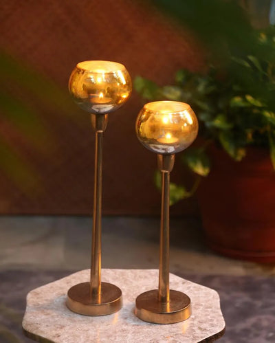 Antique Gold Glass Tealight Holder| Set  Of 2