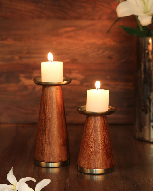 Wooden Pillar Candle Holder with Brass Top | Set  Of 2