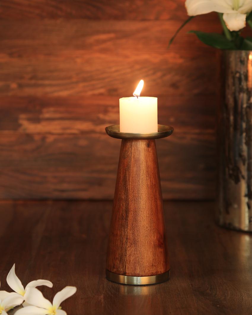 Wooden Pillar Candle Holder with Brass Top | Set  Of 2